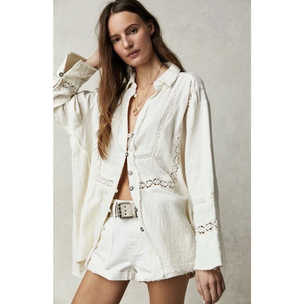 Free People Ranch Wash Shirt We The Free Button Lace Insert Oversize White M NWT